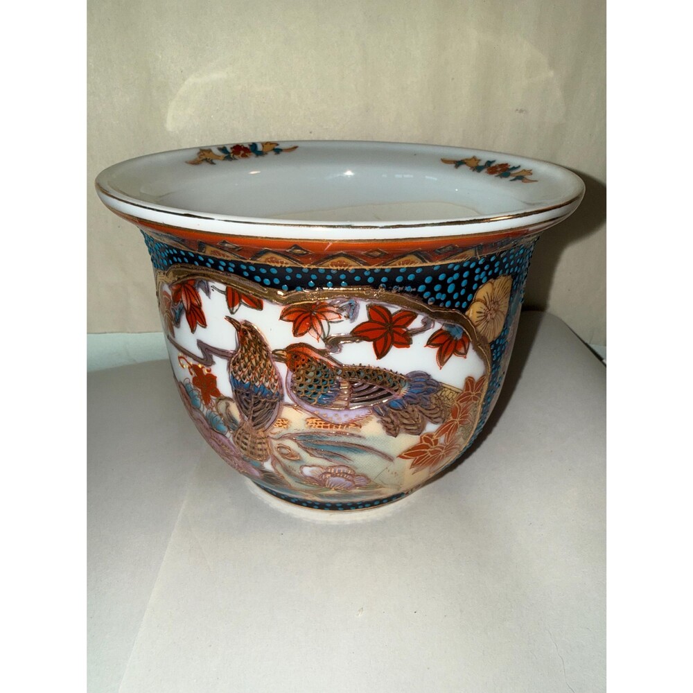 Vintage Asian Porcelain Cachepot / Planter Bowl with Birds & Floral Motif